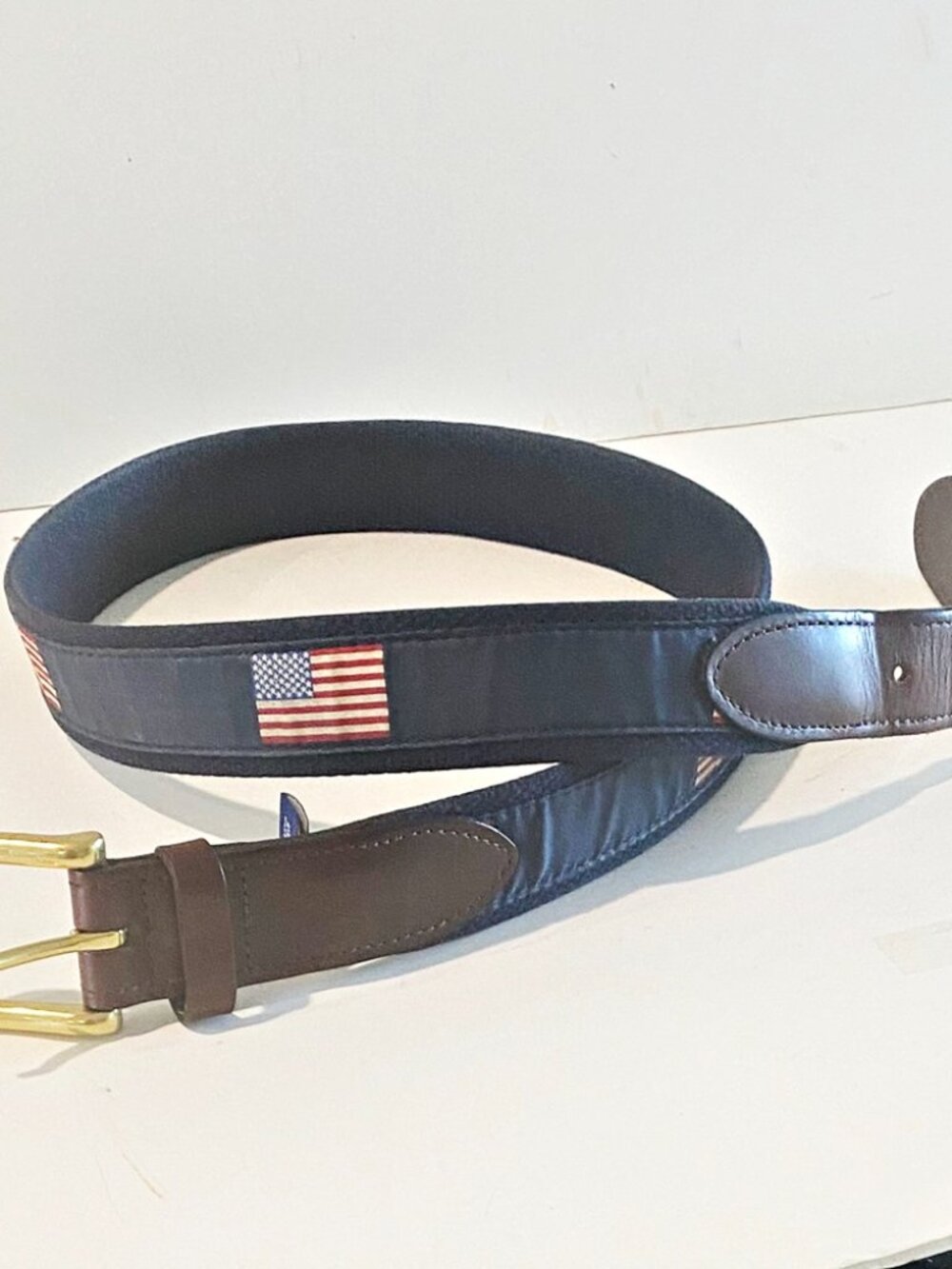Vineyard Vines Mens Golf Belt Brown Leather Navy Webbing American Flags 38 USA